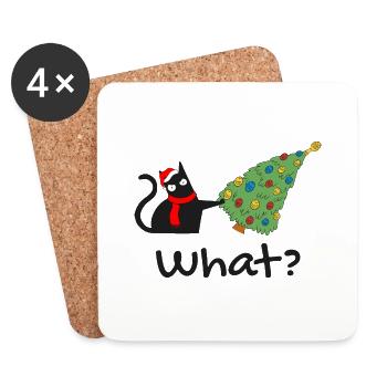 Funny Black Cat Pushing Christmas Tree Over Cat - Coasters (set of 4) - white - Front