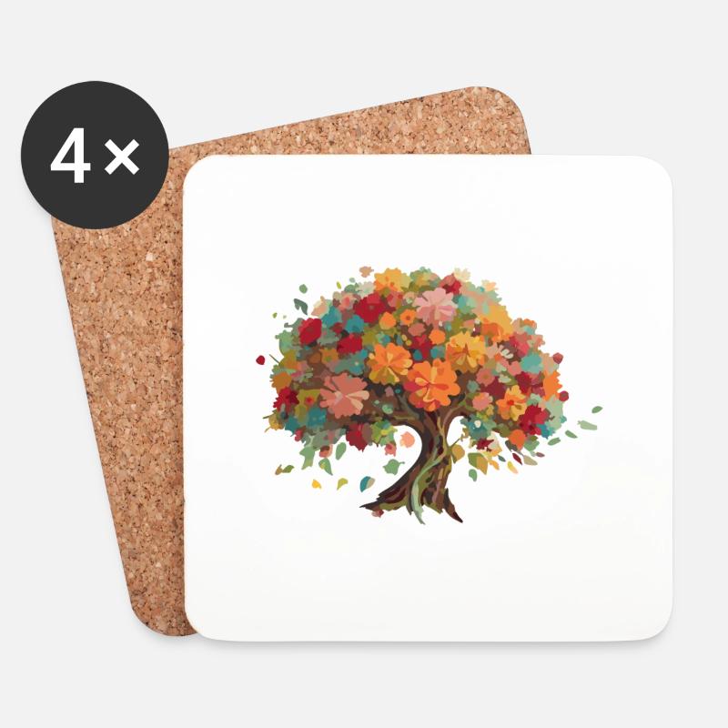 Baum-Bonsai bunt mit Laubblättern - Untersetzer (4er-Set) - Weiß
