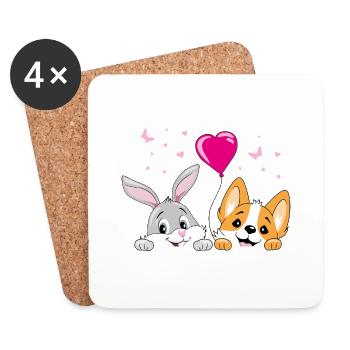 Lapin souriant et chien corgi avec ballon - Dessous de verre (lot de 4) - blanc - Devant