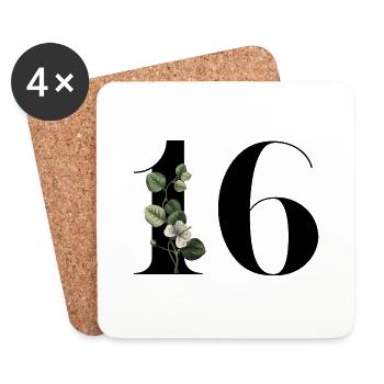 Numéro 16 floral vert -16e anniversaire floral - Dessous de verre (lot de 4) - blanc - Devant