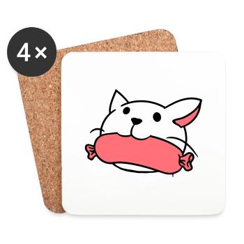 Un chat mignon mange une bouche de saucisse mange une tête de saucisse - Dessous de verre (lot de 4) - blanc - Devant