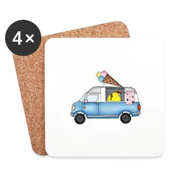 Yellow goat parakeet in blue ice cream truck - Coasters (set of 4) - white - Front