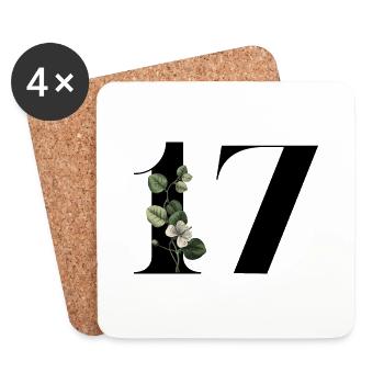 Numéro 17 floral vert -17e anniversaire floral - Dessous de verre (lot de 4) - blanc - Devant