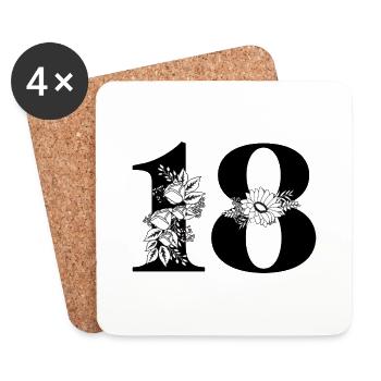 Numéro 18 floral noir -18e anniversaire floral - Dessous de verre (lot de 4) - blanc - Devant