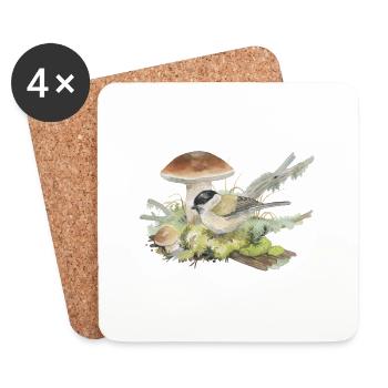 Sumpfmeise auf Pilz Waldboden Aquarellzeichnung - Untersetzer (4er-Set) - Weiß - Vorne