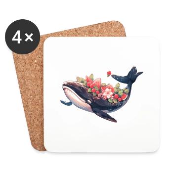 Whale with Flowers and Fruits Whale Artwork - Coasters (set of 4) - white - Front