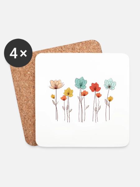 Einzelne Blumen, line art, Mohn, Frühling, Sommer - Untersetzer (4er-Set) - Weiß