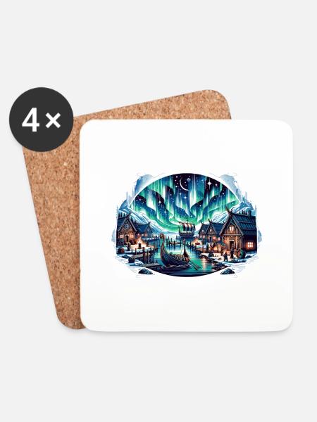 Nordic village at night under the Northern Lights - Coasters (set of 4) - white