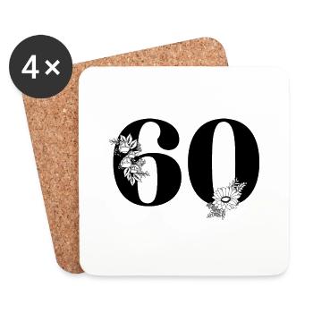 Black Floral Number 60 - 60th Floral Birthday - Coasters (set of 4) - white - Front