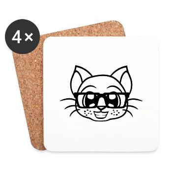 Smart Nerd Cat Horn-Rimmed Glasses Geek Kitten Glasses - Coasters (set of 4) - white - Front