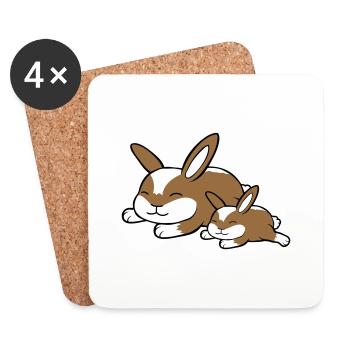 2 lapins dormant papa maman enfant mère couché fatigué - Dessous de verre (lot de 4) - blanc - Devant