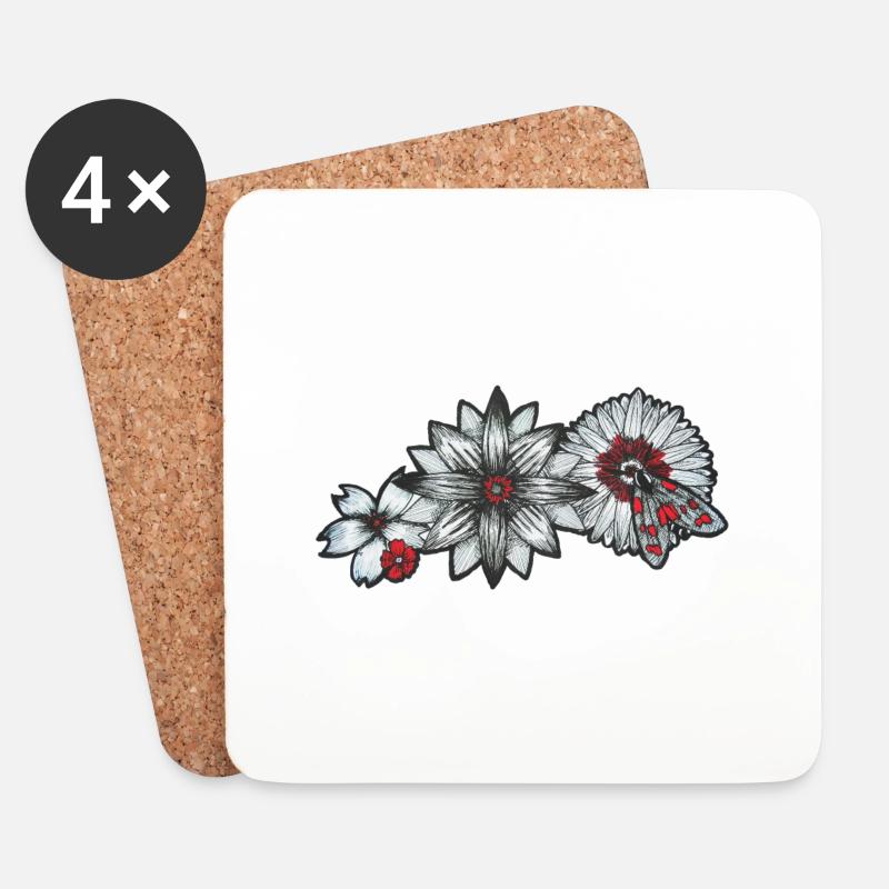 Blumen und Motte - Untersetzer (4er-Set) - Weiß