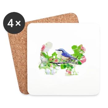 grand, oiseau, fleurs, aquarelle - Dessous de verre (lot de 4) - blanc - Devant