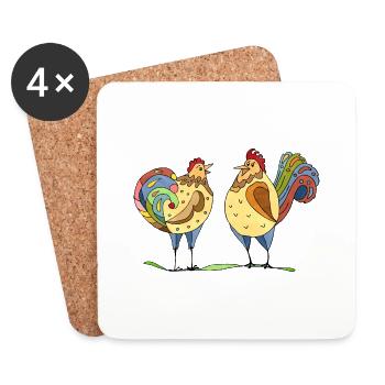 Poule et coq - Dessous de verre (lot de 4) - blanc - Devant
