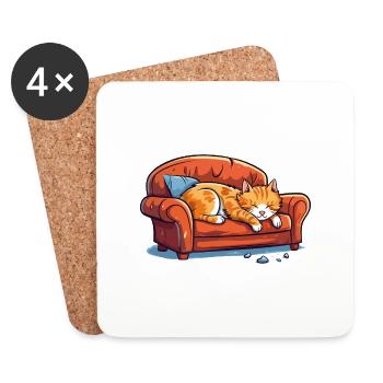 Cat Oversleeping Tired Couch Sofa Funny Cartoon - Coasters (set of 4) - white - Front