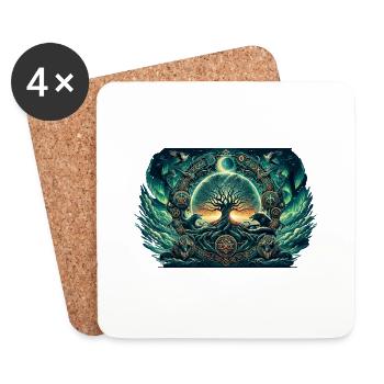 Mystical Tree of Life with Wolves and Northern Lights - Coasters (set of 4) - white - Front