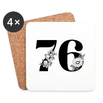 Numéro 76 floral noir - 76e anniversaire floral - Dessous de verre (lot de 4) - blanc - Devant