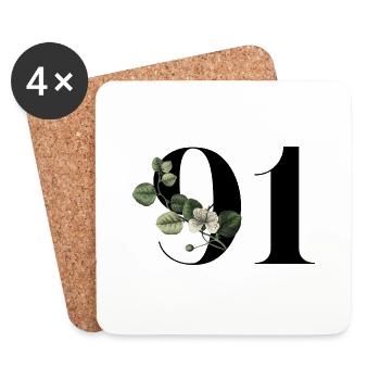 Numéro 91 floral vert - 91e anniversaire floral - Dessous de verre (lot de 4) - blanc - Devant