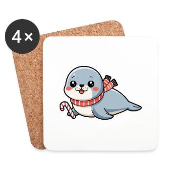 Kawaii Christmas Baby Seal with Candy Cane - Coasters (set of 4) - white - Front