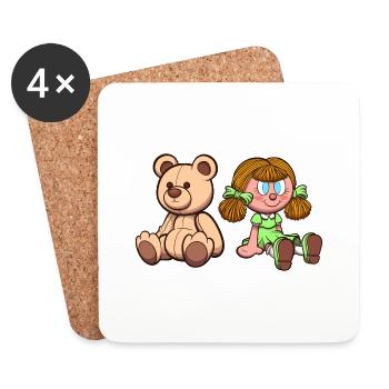 Karikatur-Teddybär und -puppe - Untersetzer (4er-Set) - Weiß - Vorne