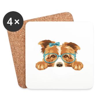 Peeking Border Collie Hund mit Schleife und Brille - Untersetzer (4er-Set) - Weiß - Vorne