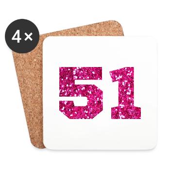 Numéro 51 paillettes rose - 51e anniversaire - Dessous de verre (lot de 4) - blanc - Devant