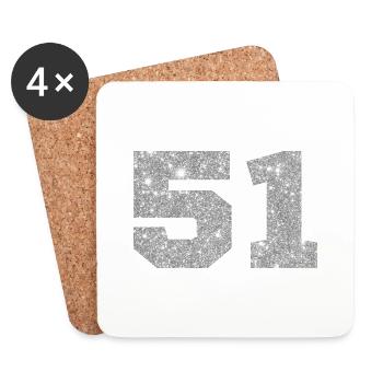 Numéro 51 paillettes argenté - 51e anniversaire - Dessous de verre (lot de 4) - blanc - Devant