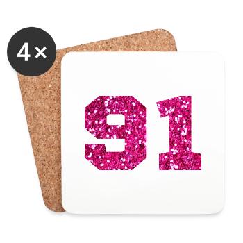 Numéro 91 paillettes rose - 91e anniversaire - Dessous de verre (lot de 4) - blanc - Devant