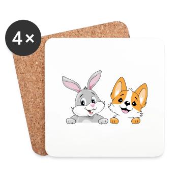 Peeking smiling rabbit and corgi dog - Coasters (set of 4) - white - Front
