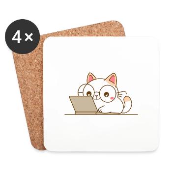 Chat kawaii au travail - Dessous de verre (lot de 4) - blanc - Devant