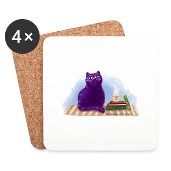 Katze, Bücher und Tee - Untersetzer (4er-Set) - Weiß - Vorne