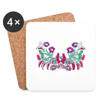 fleurs hongroises, vrilles, florales, roses, fleurs - Dessous de verre (lot de 4) - blanc - Devant