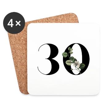 Numéro 30 floral vert - 30e anniversaire floral - Dessous de verre (lot de 4) - blanc - Devant