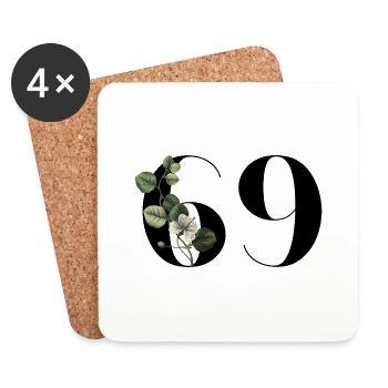 Numéro 69 floral vert - 69e anniversaire floral - Dessous de verre (lot de 4) - blanc - Devant