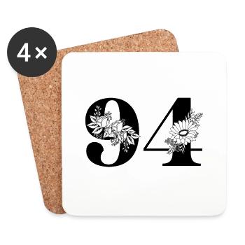 Nummer 94 Schwarze Blumen - 94. Blumengeburtstag - Untersetzer (4er-Set) - Weiß - Vorne