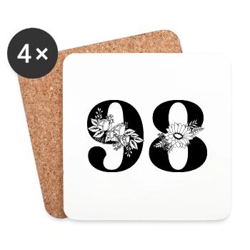 Numéro 98 floral noir - 98e anniversaire floral - Dessous de verre (lot de 4) - blanc - Devant