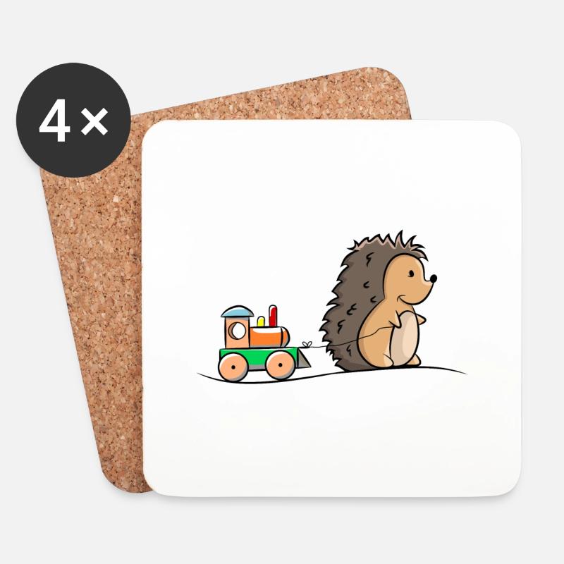 Igel mit Holz Eisenbahn - Untersetzer (4er-Set) - Weiß