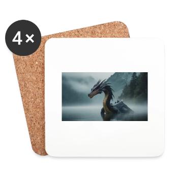 Un méchant dragon noir réaliste dans une rivière brumeuse - Dessous de verre (lot de 4) - blanc - Devant