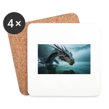 Un méchant dragon noir réaliste dans une rivière brumeuse - Dessous de verre (lot de 4) - blanc - Devant