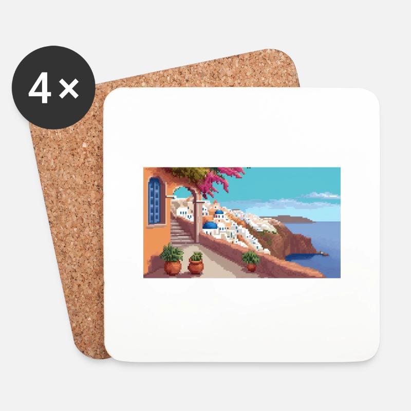 Oia, Santorini, Griechenland - Pixel Art - Untersetzer (4er-Set) - Weiß