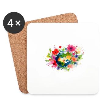 Earth surrounded by Flowers. Outlined, Aquarell - Coasters (set of 4) - white - Front