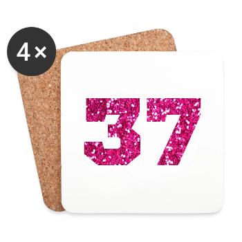Numéro 37 paillettes rose - 37e anniversaire - Dessous de verre (lot de 4) - blanc - Devant