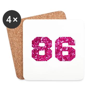 Numéro 86 paillettes rose - 86e anniversaire - Dessous de verre (lot de 4) - blanc - Devant