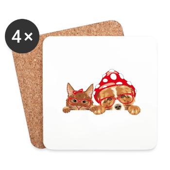 Lustige Ingwerkatze und Border Collie Hund - Untersetzer (4er-Set) - Weiß - Vorne