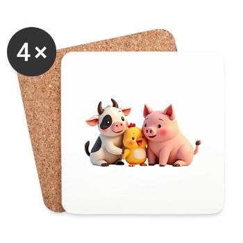 Süße Tiere, Kuh, Küken, Schwein - Untersetzer (4er-Set) - Weiß - Vorne