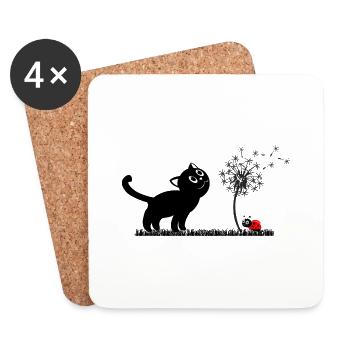Spring design - cat, dandelion, ladybug - Coasters (set of 4) - white - Front