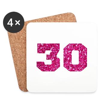 Numéro 30 paillettes rose - 30e anniversaire - Dessous de verre (lot de 4) - blanc - Devant