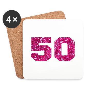 Numéro 50 paillettes rose - 50e anniversaire - Dessous de verre (lot de 4) - blanc - Devant