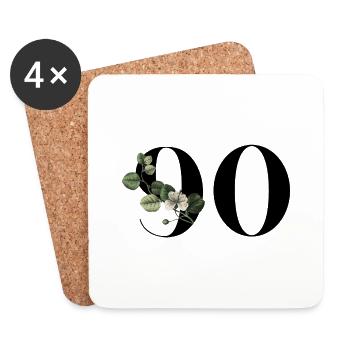 Numéro 90 floral vert - 90e anniversaire floral - Dessous de verre (lot de 4) - blanc - Devant