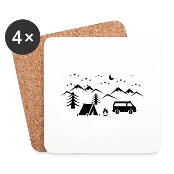 Outdoor Camping im Bus und Zelt mit Lagerfeuer - Untersetzer (4er-Set) - Weiß - Vorne